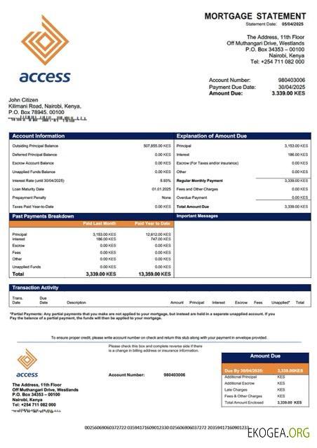 Modèle Word et PDF de relevé hypothécaire de la Kenya Access Bank